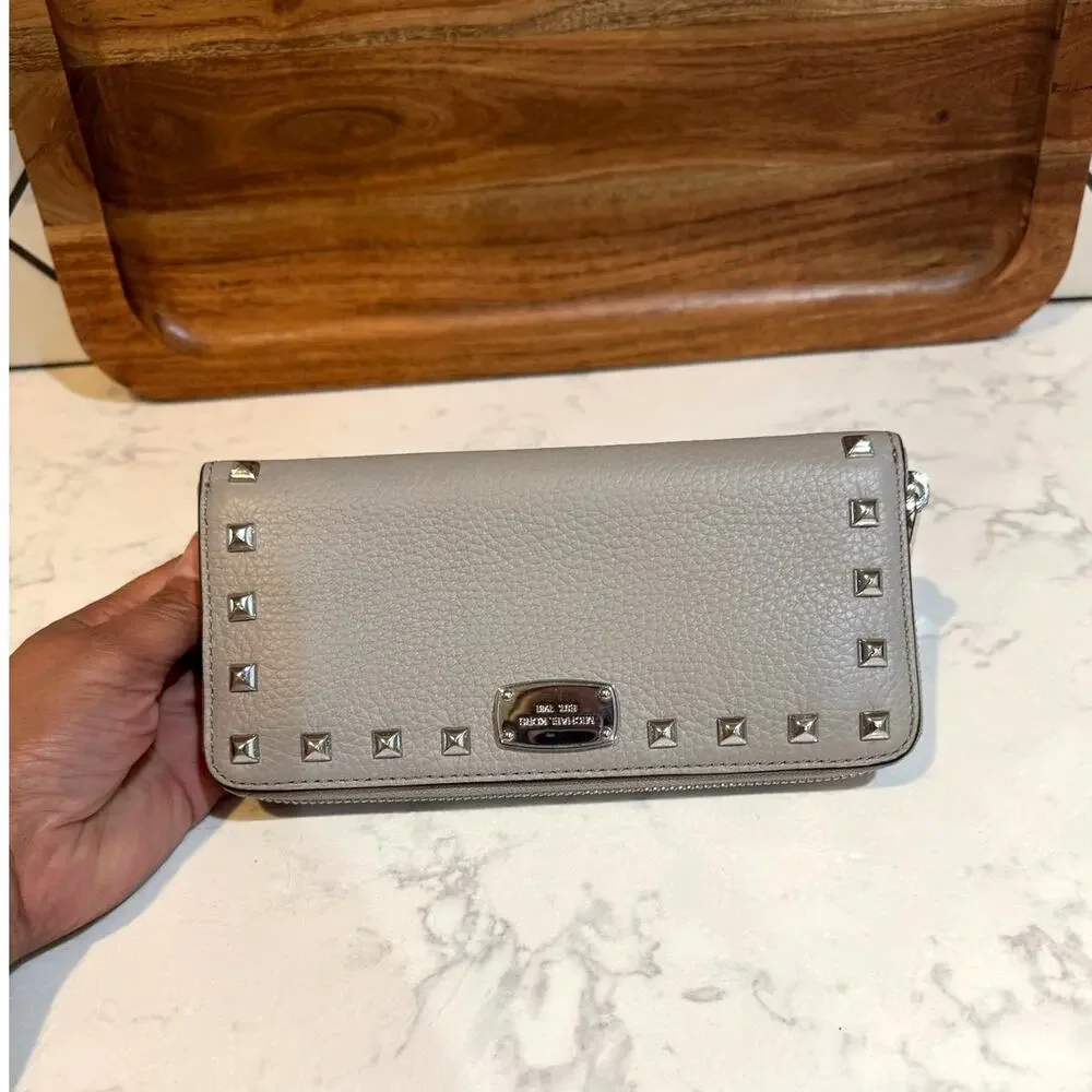 Michael Kors Gray Studded Jet Set Continental Wallet clutch textured leather